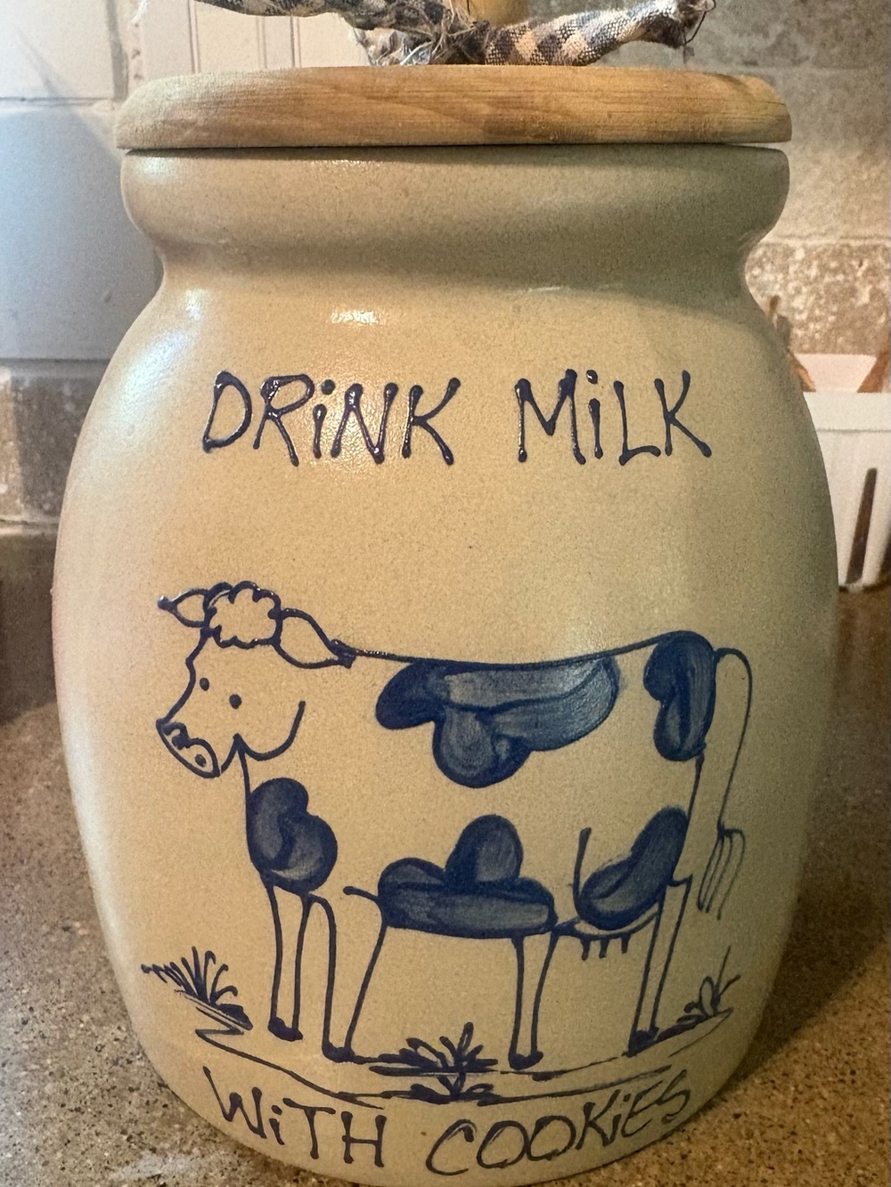 Rustic 'Drink Milk' Cookie Jar with Blue Cow Illustration